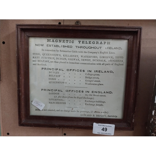 49 - Framed Magnetic Telegraph Timetable Ireland. {30 cm H x 36 cm W}.