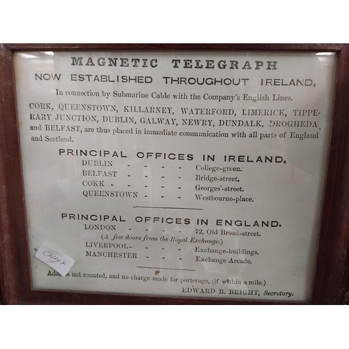 49 - Framed Magnetic Telegraph Timetable Ireland. {30 cm H x 36 cm W}.