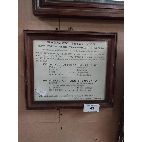 49 - Framed Magnetic Telegraph Timetable Ireland. {30 cm H x 36 cm W}.