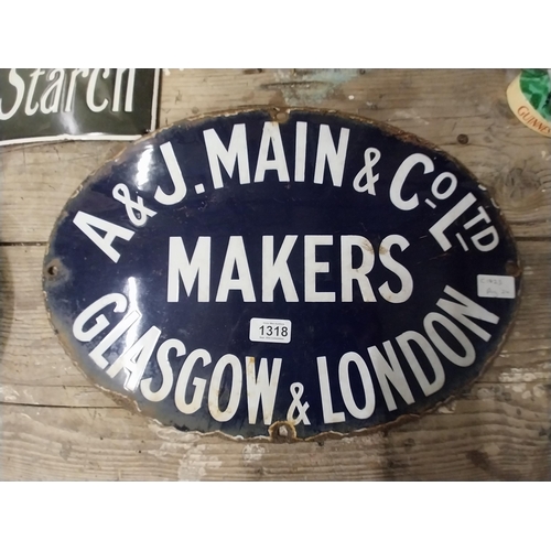 1318 - A and J Main and Co Ltd Makers Glasgow and London enamel advertising sign. {33 cm H x 48 cm W}.