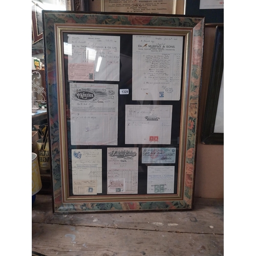 1328 - Framed montage of Billheads -  Suttons Limited, McKenzies Cork and Riordan's Cork. {86 cm H x 64 cm ... 