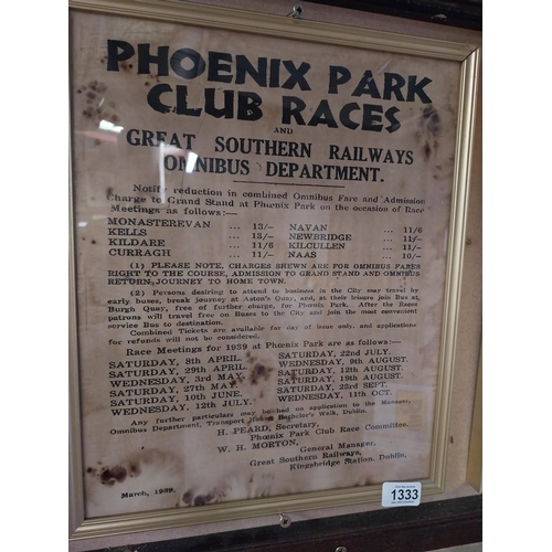 1333 - Phoenix Park Club Races Great Southern Railways Omnibus Department framed print. {39 cm H x 33 cm W}