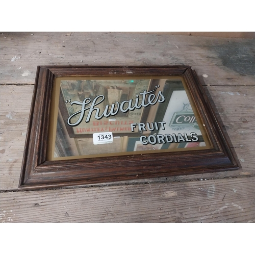 1343 - Thwaites Fruit Cordials framed advertising mirror. {31 cm H x 41 cm W}.