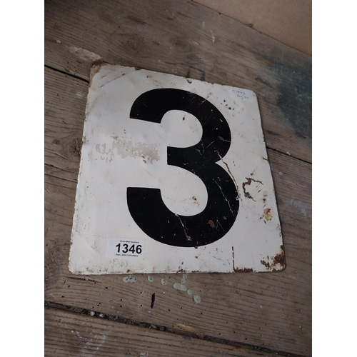 1346 - Metal number 3 sign. {28 cm H x 28 cm W}.