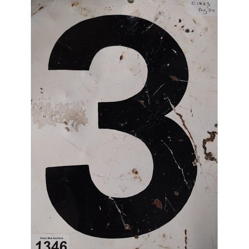 1346 - Metal number 3 sign. {28 cm H x 28 cm W}.