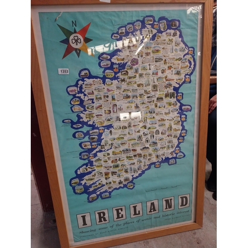 1353 - Framed Map of Ireland. {110 cm H x 72 cm W}.