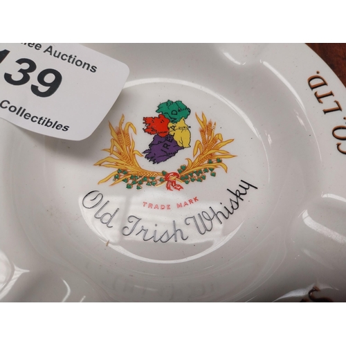 139 - Paddy Old Irish Whiskey ceramic advertising ashtray. {2 cm H x 13 cm Diam.}.