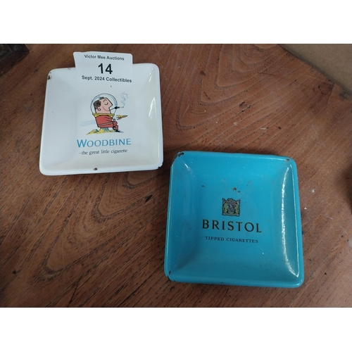 14 - Two enamel ashtrays  - Bristol Cigarettes and Woodbine Cigarettes. {13 cm H x 13 cm W}