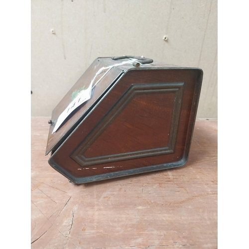 141 - Tin plate tea caddy in the form of a coal box. {11 cm H x 15 cm W x 14 cm D}