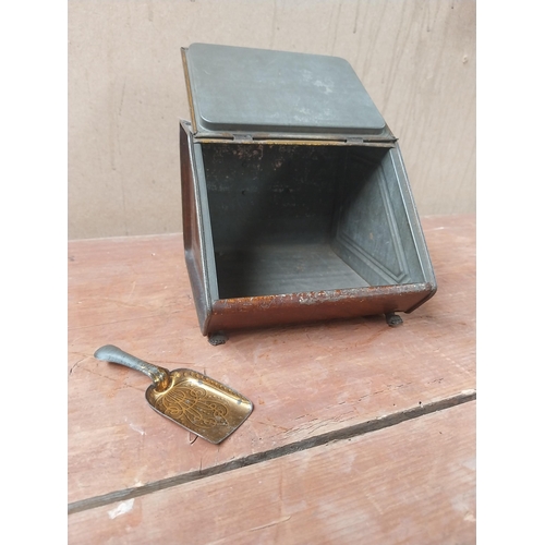 141 - Tin plate tea caddy in the form of a coal box. {11 cm H x 15 cm W x 14 cm D}