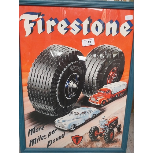 143 - Framed Firestone More Miles Per Pound advertising print.