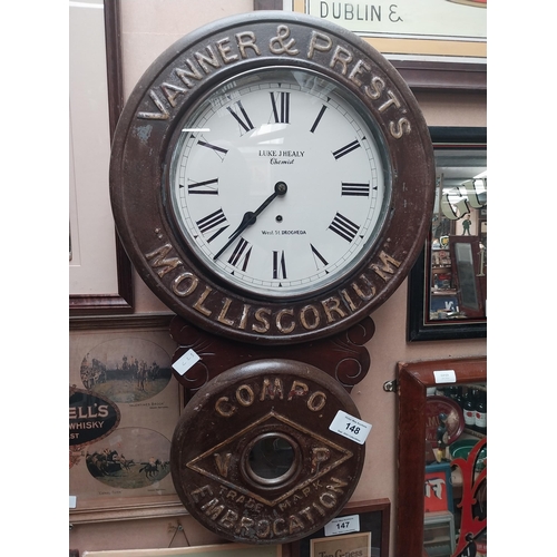 148 - Vanner and Prests Molliscorium  Luke J Healy Chemist Word St Drogheda wooden advertising clock. {78 ... 