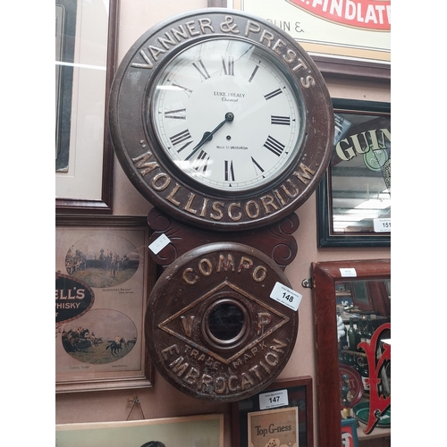 148 - Vanner and Prests Molliscorium  Luke J Healy Chemist Word St Drogheda wooden advertising clock. {78 ... 