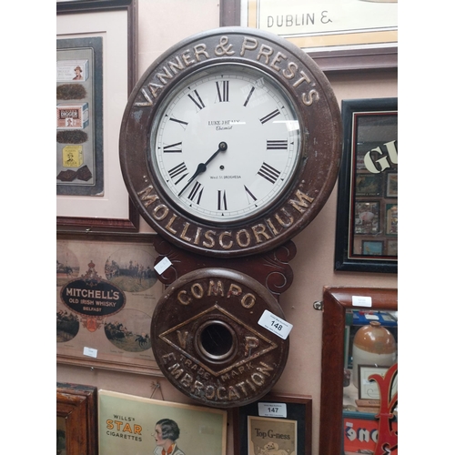 148 - Vanner and Prests Molliscorium  Luke J Healy Chemist Word St Drogheda wooden advertising clock. {78 ... 