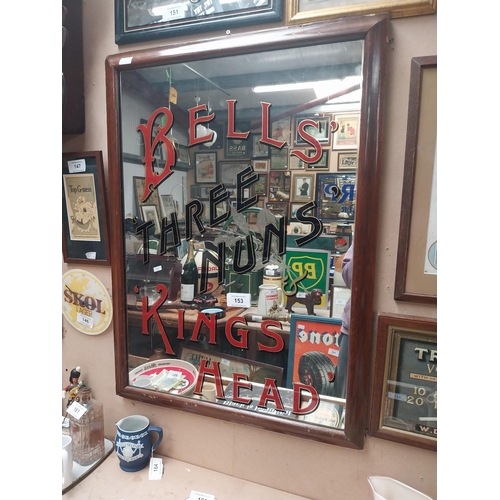 153 - Bells'  Kings Head Three Nuns' framed advertising mirror. {96 cm H x 72 cm W}.