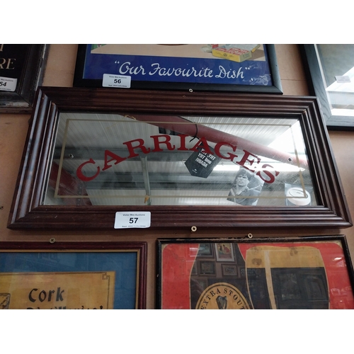 57 - Framed Carriages advertising mirror. {31 cm H x 64 cm W}.