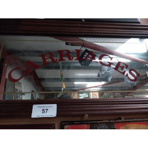 57 - Framed Carriages advertising mirror. {31 cm H x 64 cm W}.