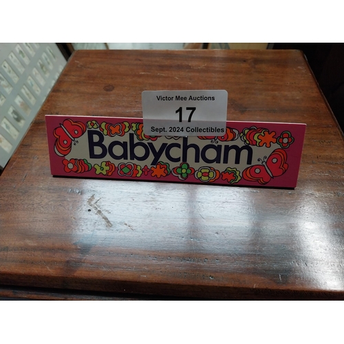 17 - Babycham clip on advertising sign {5 cm H x 20 cm W}.