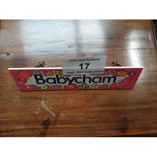 17 - Babycham clip on advertising sign {5 cm H x 20 cm W}.