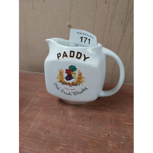 171 - Paddy Old Irish Whiskey Cork Distillers ceramic Arklow jug. {12 cm H x 17 cm W x 10 cm D}.