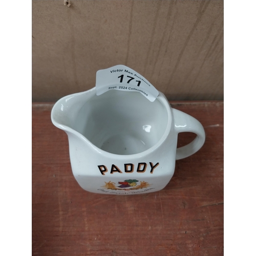 171 - Paddy Old Irish Whiskey Cork Distillers ceramic Arklow jug. {12 cm H x 17 cm W x 10 cm D}.