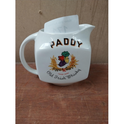 171 - Paddy Old Irish Whiskey Cork Distillers ceramic Arklow jug. {12 cm H x 17 cm W x 10 cm D}.