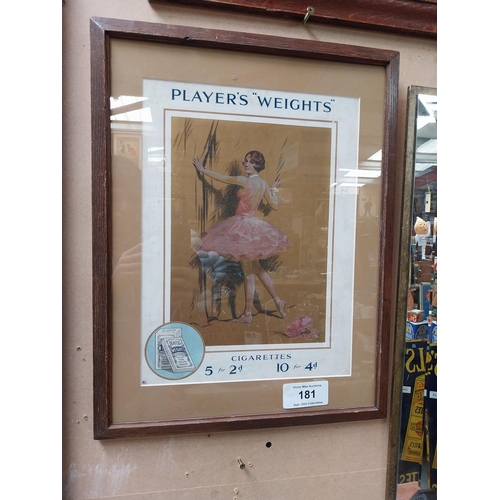 181 - Player's Weights Cigarettes framed showcard. {61 cm H x 40 cm W}.