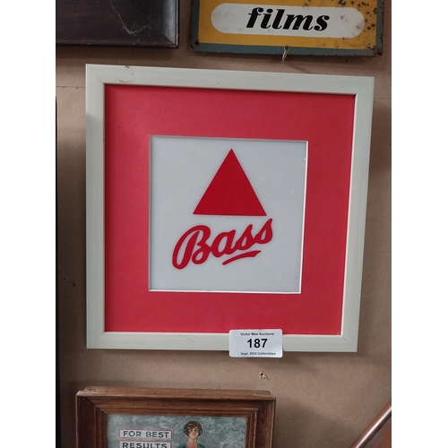 187 - Bass Perspex framed advertising sign. {33 cm H x 33 cm W}.