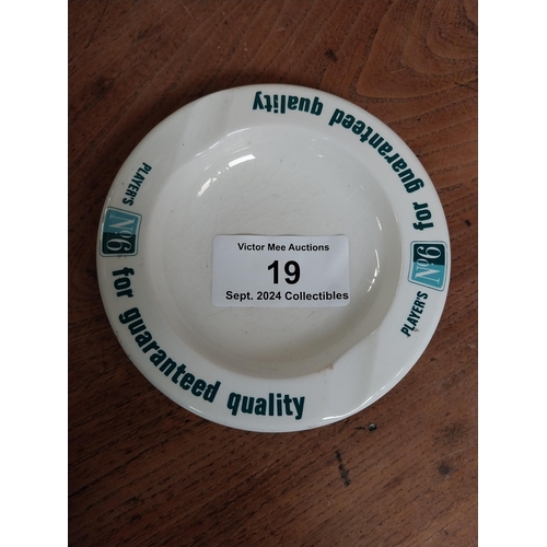 19 - Player's No 6 Arklow Pottery ceramic advertising ashtray. {15 cm Diam.}