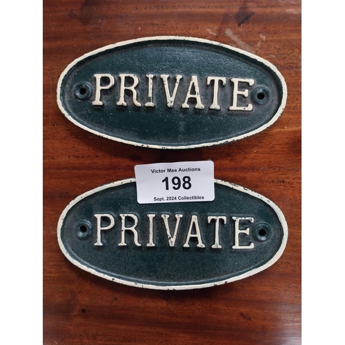 198 - Two cast iron Private door plaques. {9 cm H x 19 cm W}.