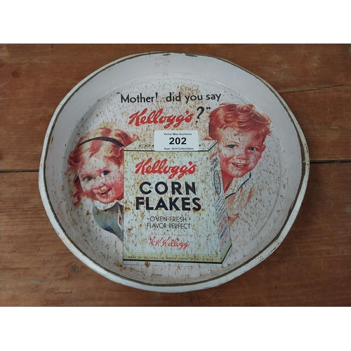 202 - Mother did you say Kellogg's Cornflakes tin plate advertising tray. {4 cm H x 33 cm Diam.}.