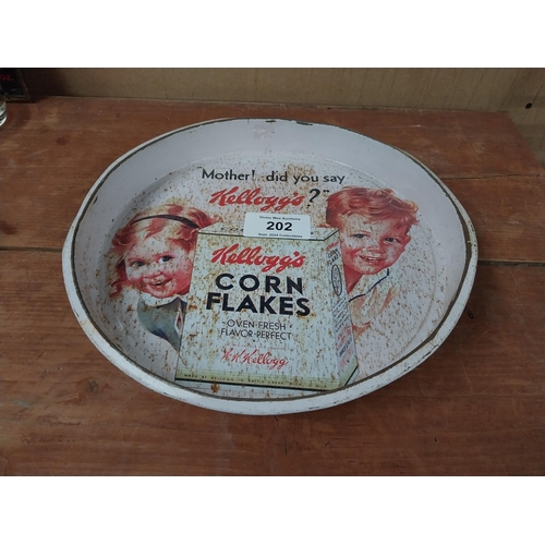 202 - Mother did you say Kellogg's Cornflakes tin plate advertising tray. {4 cm H x 33 cm Diam.}.