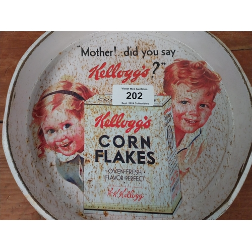 202 - Mother did you say Kellogg's Cornflakes tin plate advertising tray. {4 cm H x 33 cm Diam.}.