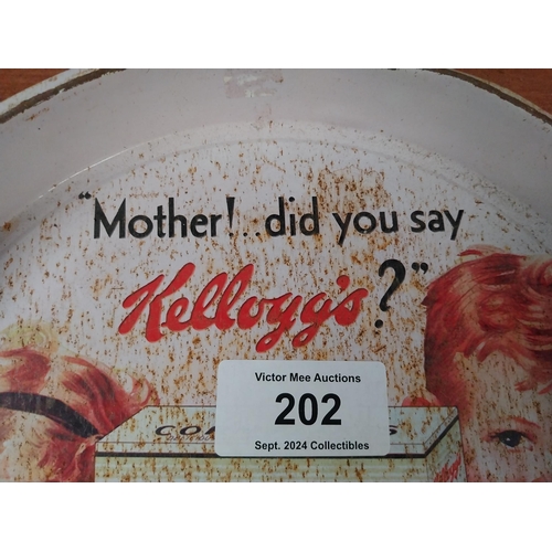 202 - Mother did you say Kellogg's Cornflakes tin plate advertising tray. {4 cm H x 33 cm Diam.}.