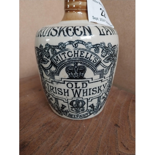 22 - 19th C. Cruiskeen Lawn Old Irish Whiskey stoneware flagon. {19 cm H x 11 cm W x 11 cm D}.