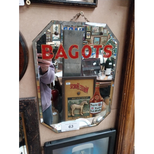 63 - Bagots Irish Whiskey advertising mirror. {25 cm H x 26 cm D}