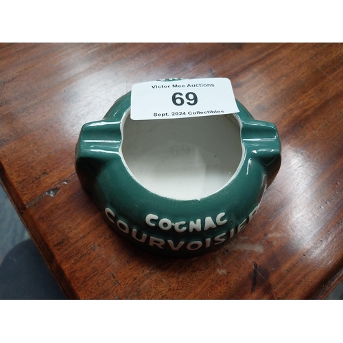 69 - Cognac Courvoisier ceramic ashtray. {5 cm H x 12 cm W x 13 cm D}.