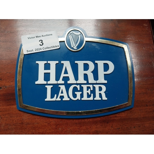 3 - Harp Lager Perspex counter display sign {16cm H X 20cm W} and Have A Harp advertising strip.