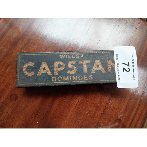 72 - Wills's  Capstan domino set in tin advertising box, {3 cm H x 19 cm W x 5 cm D}