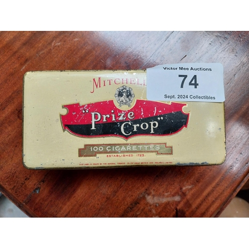 74 - Mitchell's Prize Crop cigarettes advertising tin {24 cm H x 19 cm W}.