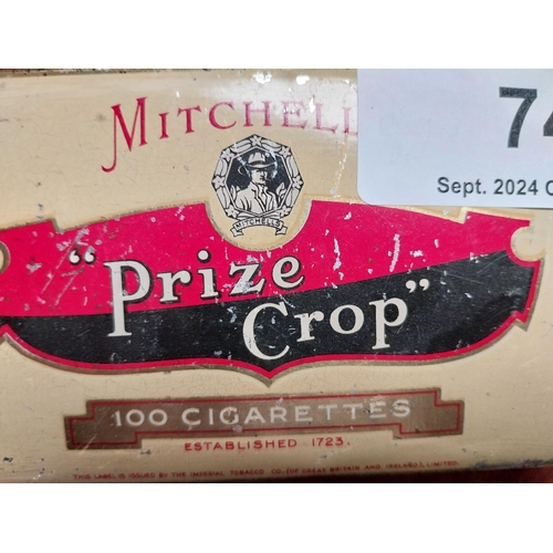 74 - Mitchell's Prize Crop cigarettes advertising tin {24 cm H x 19 cm W}.