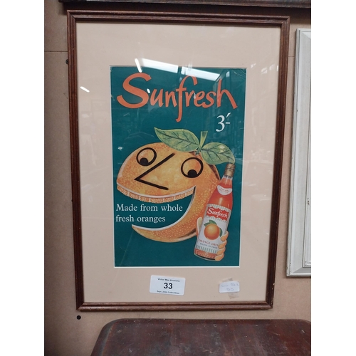 33 - Sunfresh Orange framed cardboard advertising showcard. {52 cm H x 36 cm D}