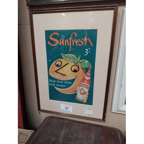 33 - Sunfresh Orange framed cardboard advertising showcard. {52 cm H x 36 cm D}