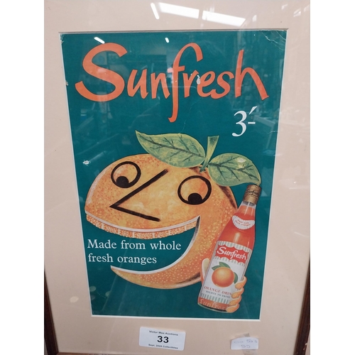 33 - Sunfresh Orange framed cardboard advertising showcard. {52 cm H x 36 cm D}