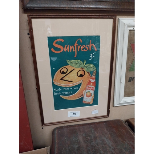 33 - Sunfresh Orange framed cardboard advertising showcard. {52 cm H x 36 cm D}