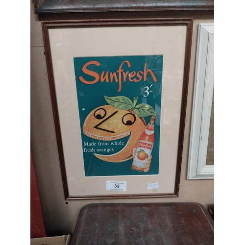 33 - Sunfresh Orange framed cardboard advertising showcard. {52 cm H x 36 cm D}