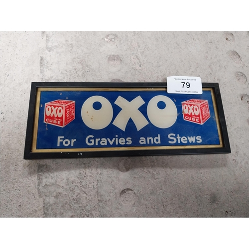 79 - Oxo For Gravies and Stews reverse painted glass framed advertisement. {13cm H X 34cm W}.