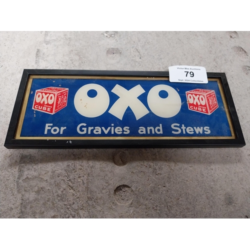 79 - Oxo For Gravies and Stews reverse painted glass framed advertisement. {13cm H X 34cm W}.