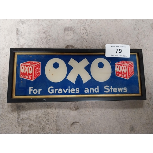 79 - Oxo For Gravies and Stews reverse painted glass framed advertisement. {13cm H X 34cm W}.