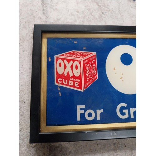 79 - Oxo For Gravies and Stews reverse painted glass framed advertisement. {13cm H X 34cm W}.